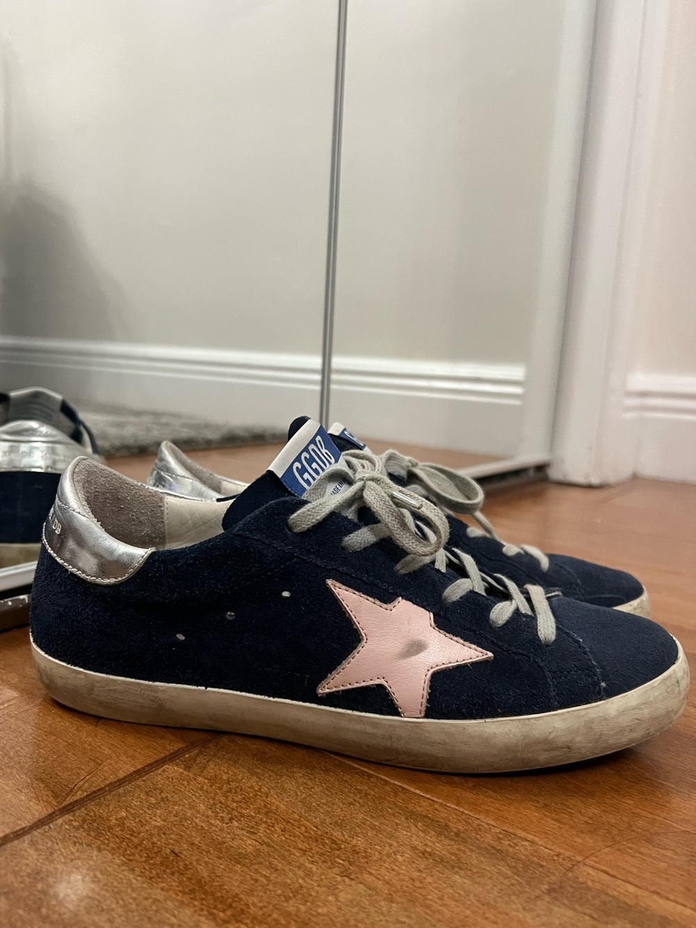 Golden Goose Superstars Navy Suede Sneakers with Pink Star